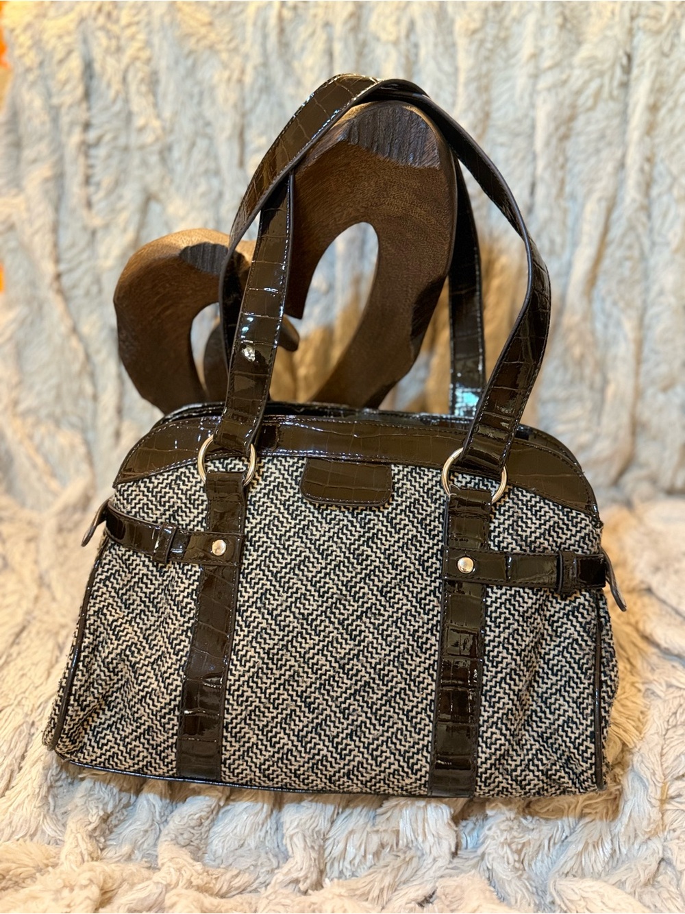 Apt. 9 brown and White Woven Tote with Patent Trim